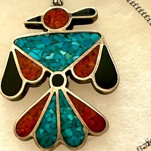 RARE Vintage Navajo Handmade Turquoise Coral Thunderbird Necklace